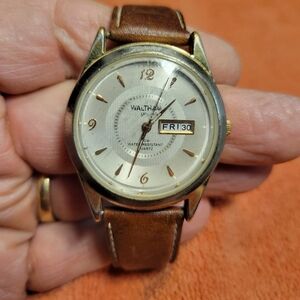 Waltham Prestige Quartz Watch Day Date Brown Leather Strap